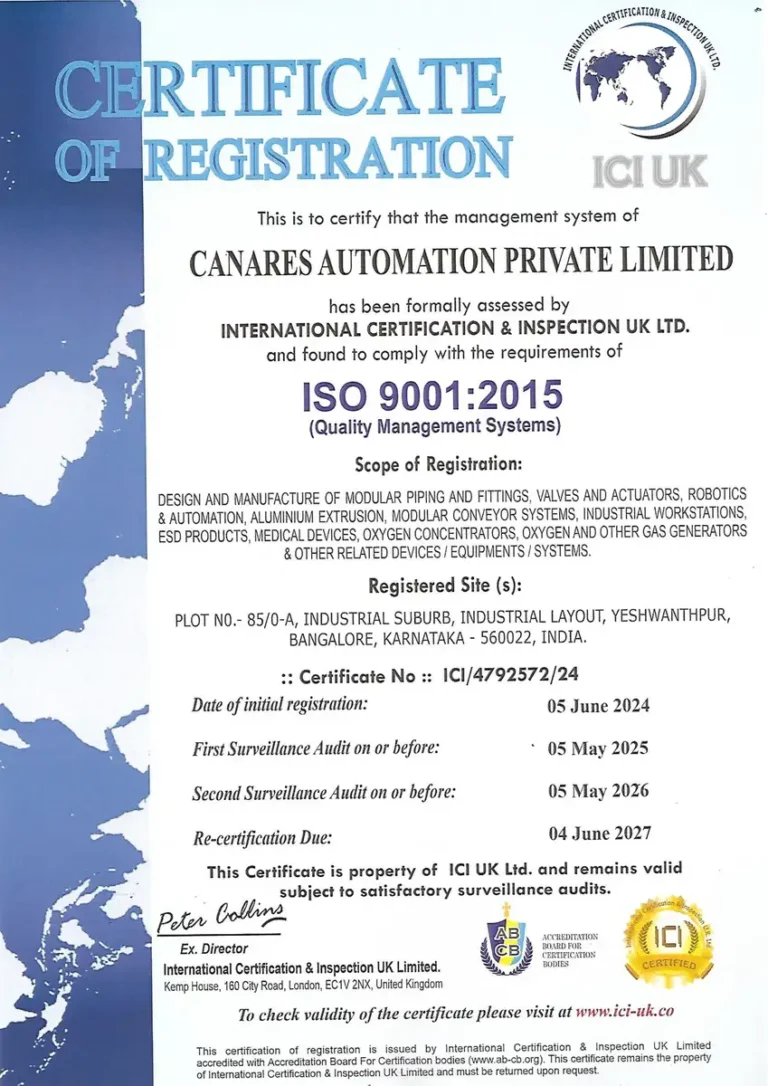 Canares Automation Pvt Ltd ISO 9001 2015 Certification